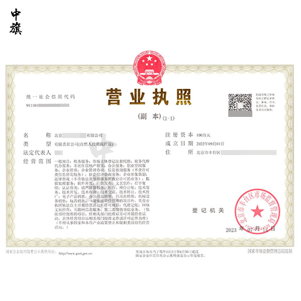 北京企業(yè)的營業(yè)執(zhí)照電子版，辦理后就是這樣的，副本需要懸掛哦