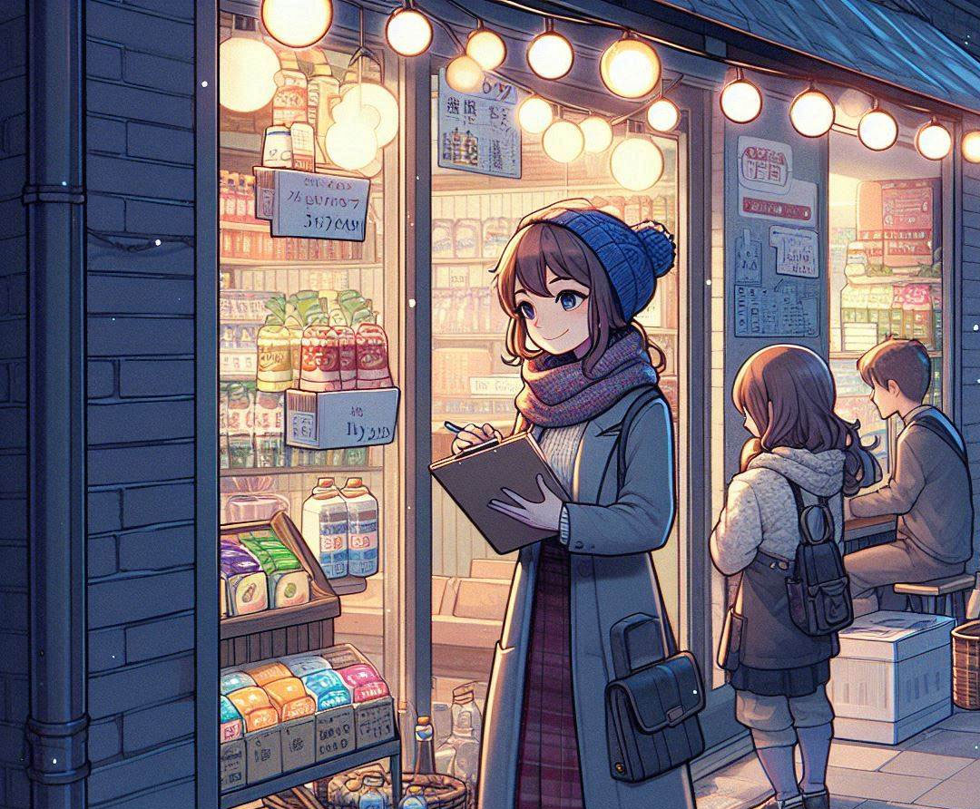 漫畫示意圖，街邊商品琳瑯滿目，店內(nèi)燈火通明.jpg