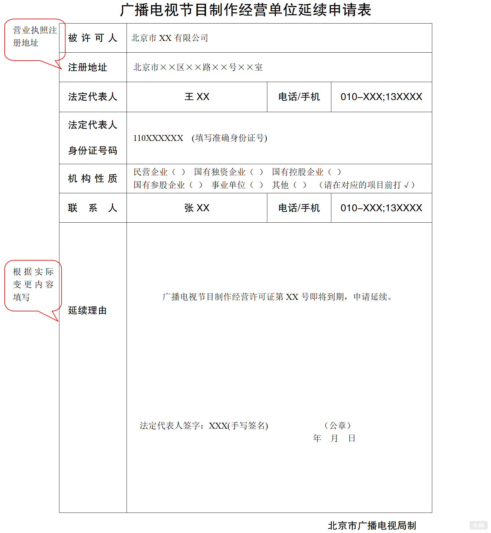 廣播電視節(jié)目制作經(jīng)營(yíng)單位延續(xù)申請(qǐng)表填寫示意圖